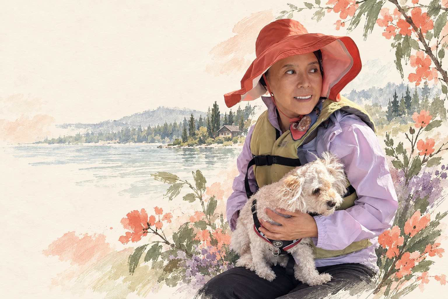 Artistic collage of Hesty in her orange hat, holding Quark, with painted flowers and a lake
